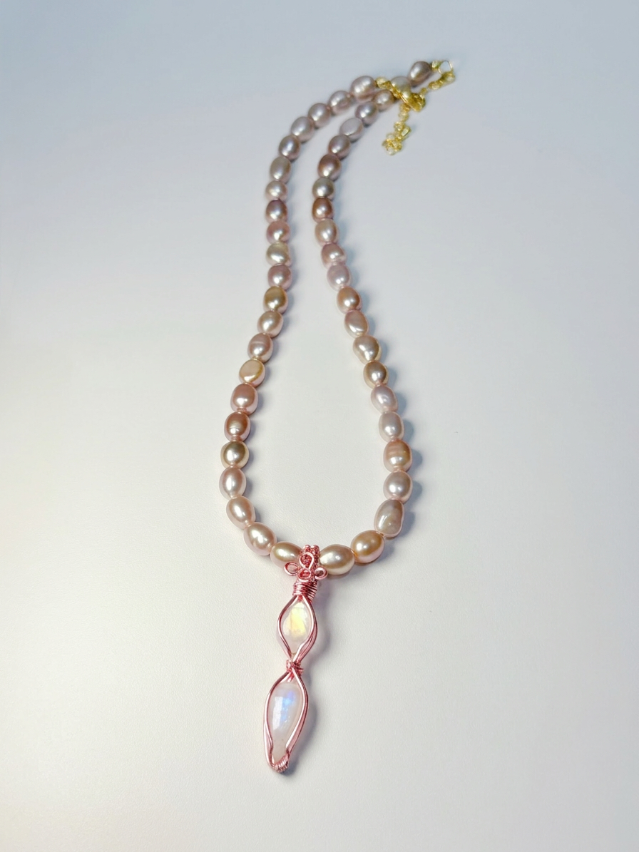 Pink Dual Moonstone Pearl Necklace - No.01 (Pink Pearl)
