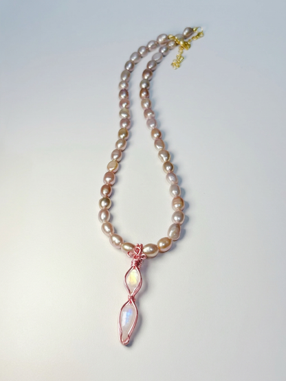 Pink Dual Moonstone Pearl Necklace - No.01 (Pink Pearl)