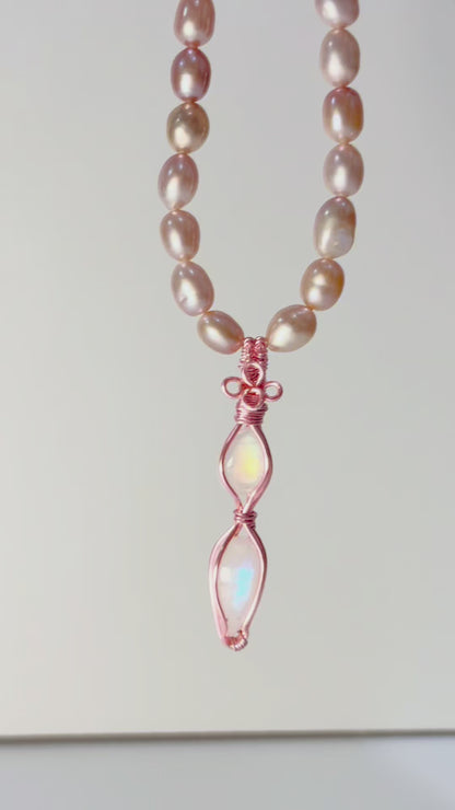 Pink Dual Moonstone Pearl Necklace - No.01 (Pink Pearl)